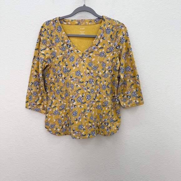 J. Jill Tops - Pure Jill Yellow Floral Printed Vneck Cotton Modal 3/4 Sleeve T Shirt Womens XS